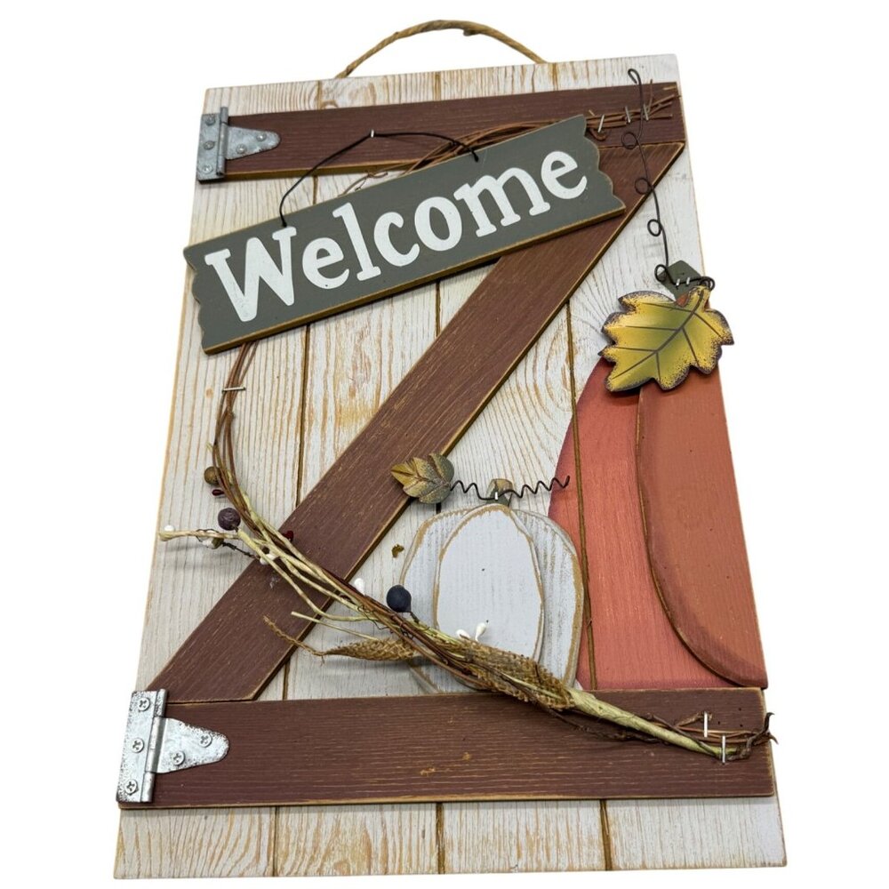 Rustic Autumn Welcome Sign With Pumpkin & Leaf Design fall 10x16" barn door READ